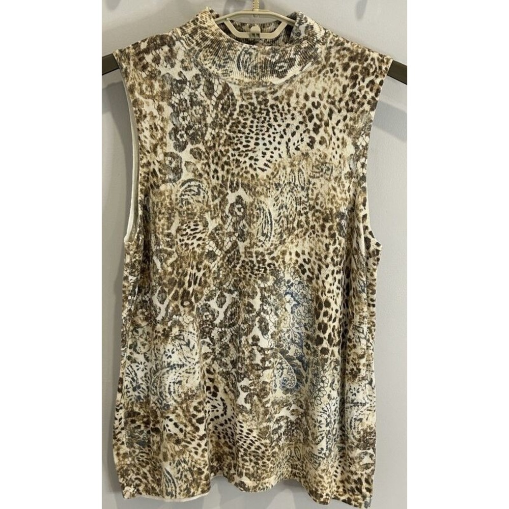 Chicos Animal Floral Print Sleeveless Mock Neck Sweater Tunic Shirt Size 3 XL